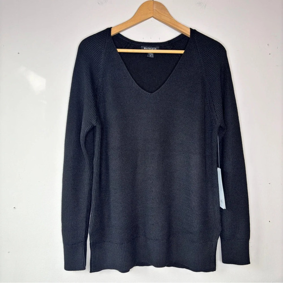 Athleta Black Hanover V-Neck Side Slit Sweater Size S NWT - Picture 2 of 14